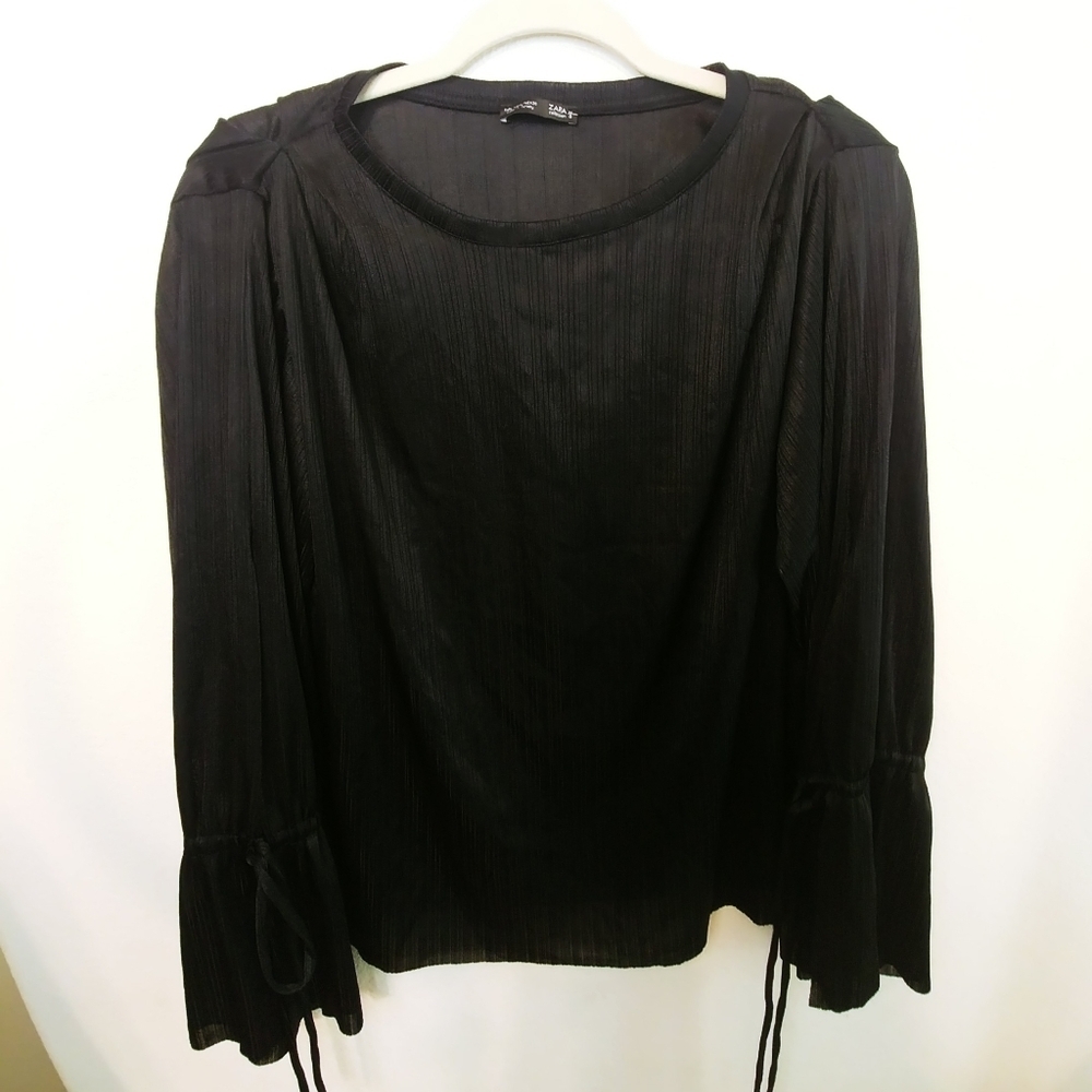 Zara Blouse Women's Black Size L Semi‎ Sheer Long Tie Sleeve Boxy